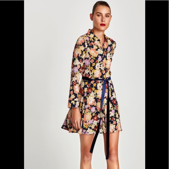 Zara Dresses Nwt Zara Navy Floral Shirt Dress Medium Poshmark